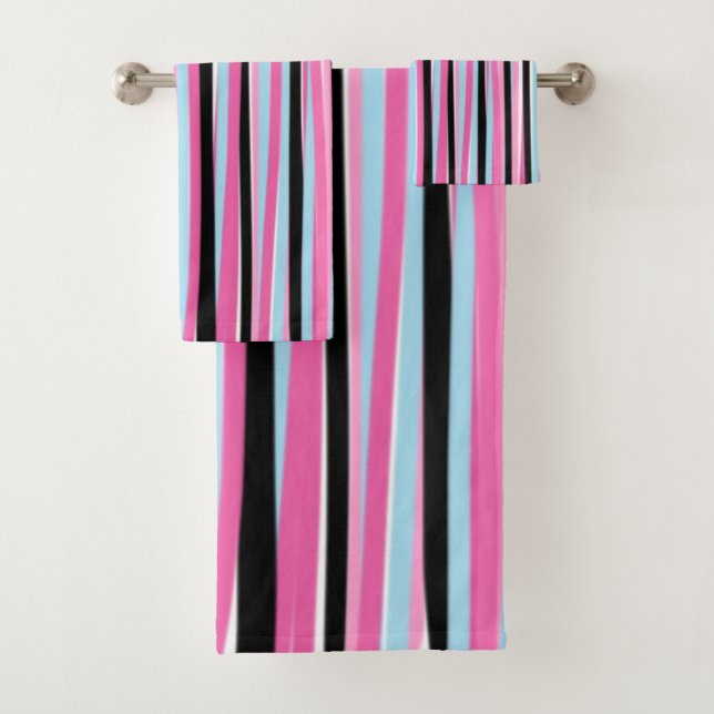 Pink and Black Vertical Stripes Bath Towel Set (Insitu)