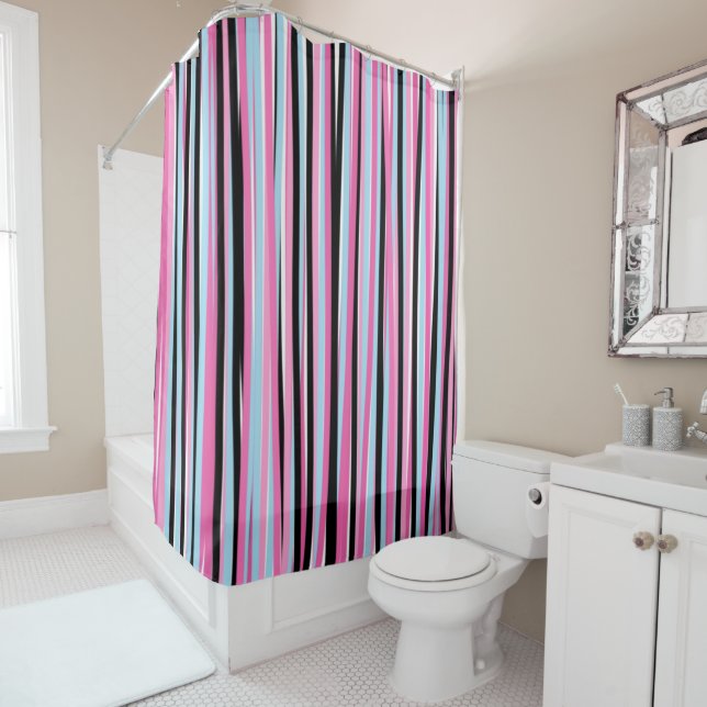 Pink and Black Vertical Stripes Shower Curtain (In Situ)