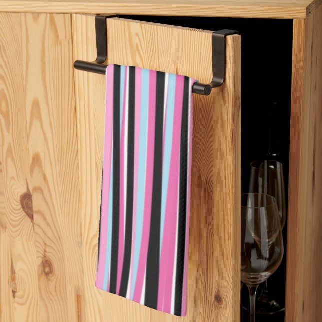 Pink and Black Vertical Stripes Tea Towel (Thirds Fold)