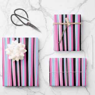 Pink and Black Vertical Stripes Wrapping Paper Sheet