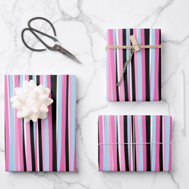 Pink and Black Vertical Stripes Wrapping Paper Sheet (Front)
