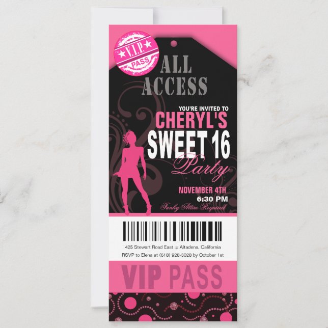 Pink and Black VIP Sweet 16 Ticket Party Invitation (Front)
