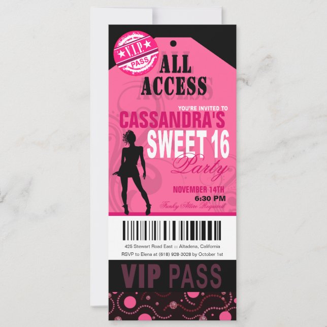 Pink and Black VIP Sweet 16 Ticket Party Invitation (Front)
