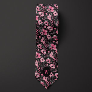 Pink and Black Watercolor Floral Monogram Tie