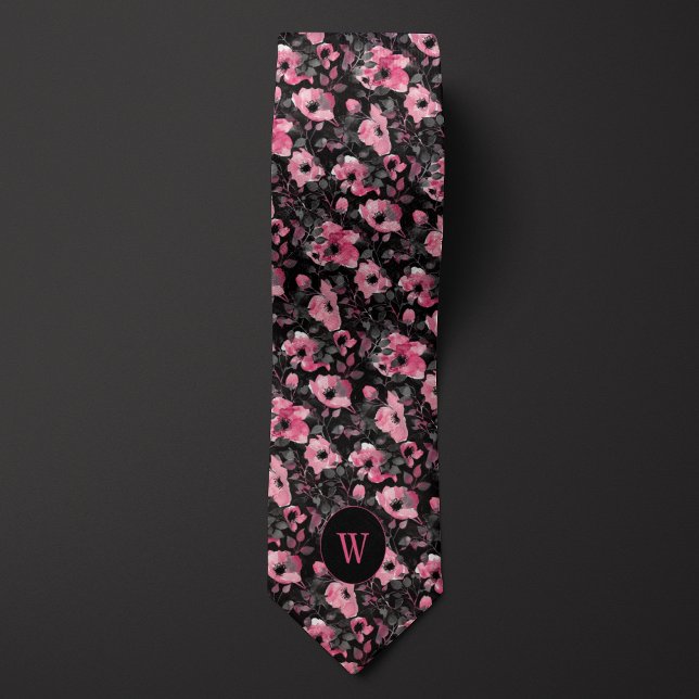 Pink and Black Watercolor Floral Monogram Tie (Creator Uploaded)