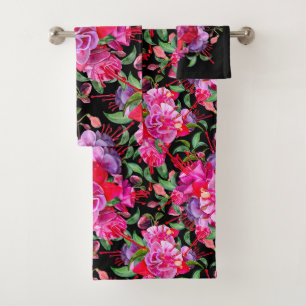 Pink And Black Watercolor Fuchsia Blooms Bath Towel Set
