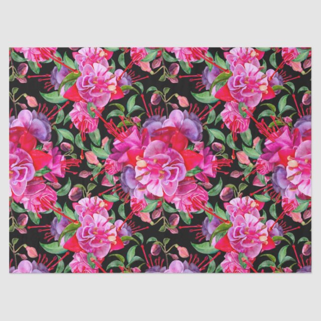 Pink And Black Watercolor Fuchsia Blooms Tissue Paper (Front)