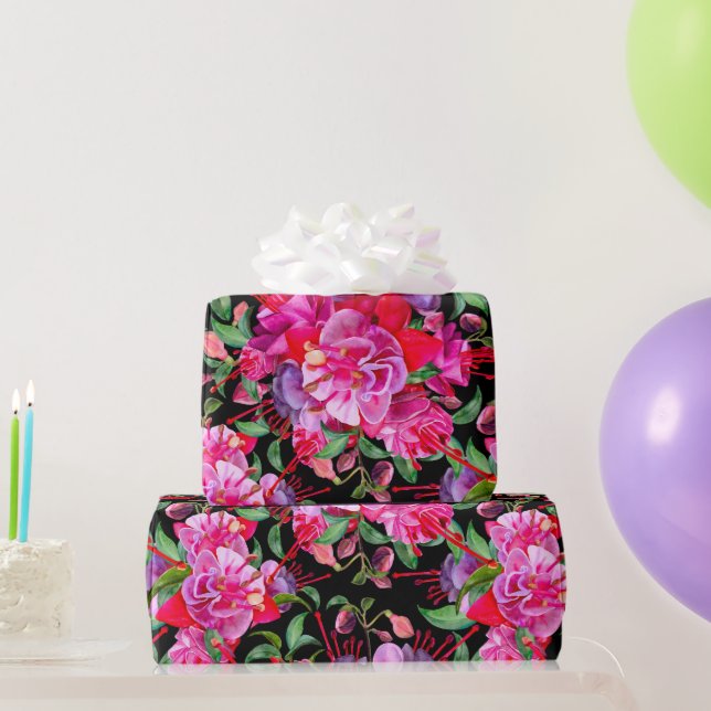 Pink And Black Watercolor Fuchsia Blooms Wrapping Paper (Party Gifts)