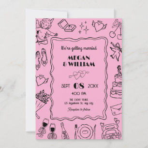 Pink and black Wedding line art sketch fun  Invitation