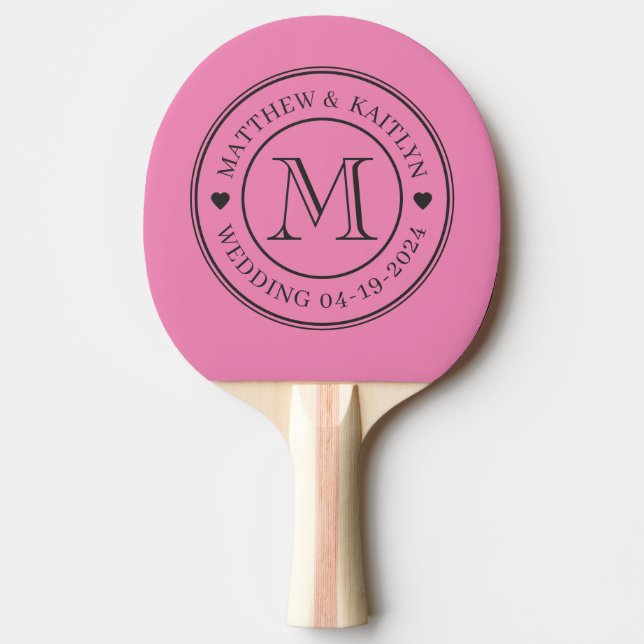Pink and Black Wedding Monogram Heart Ping Pong Paddle (Front)