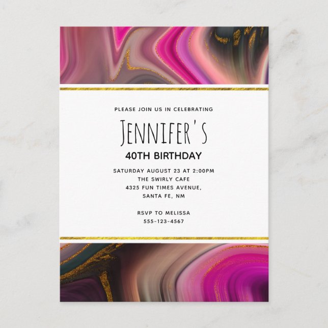 Pink and Black with Gold Swirls Abstract Birthday Invitation Postcard (Front)