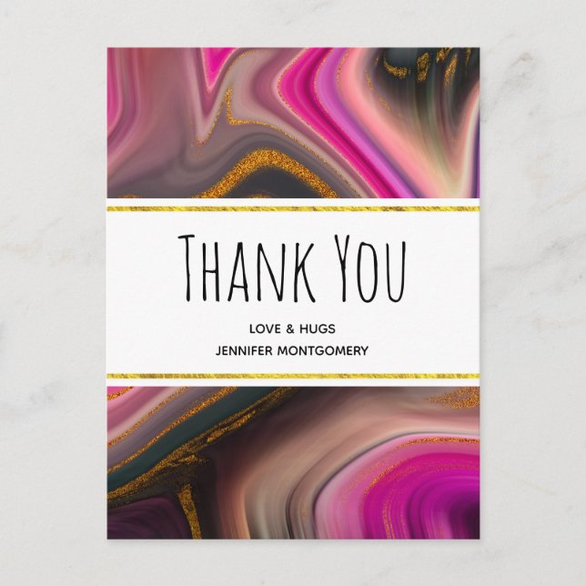 Pink and Black with Gold Swirls Abstract Thank You Postcard (Front)