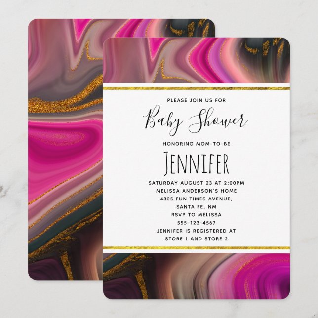 Pink and Black with Gold Swirls Baby Shower Invitation (Front/Back)