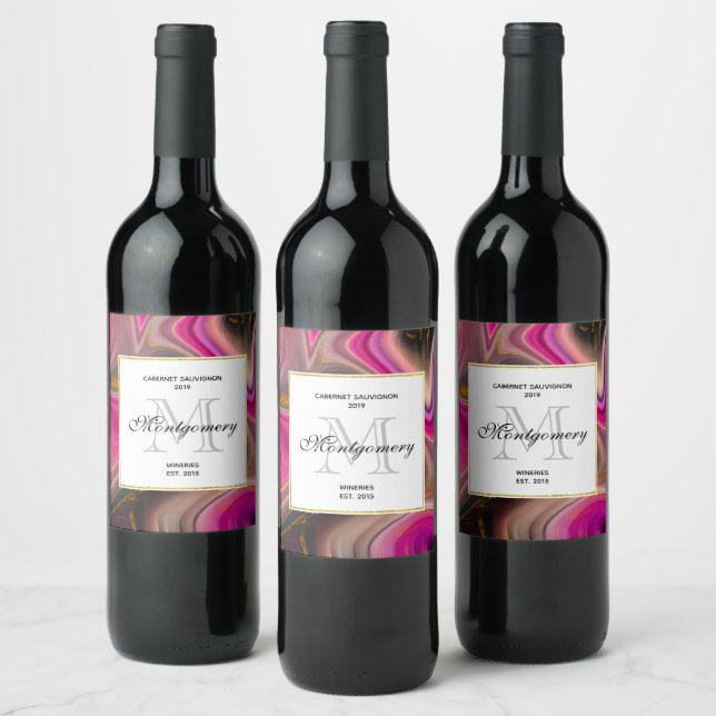  Pink and Black with Gold Swirls Wine Making Wine Label (Bottles)