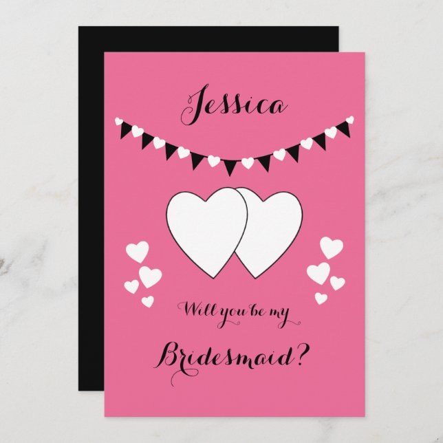 Pink and black with hearts bunting Bridesmaid Invitation (Front/Back)