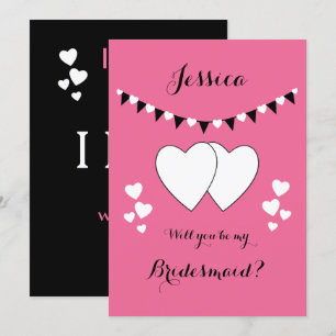 Pink and black with hearts bunting Bridesmaid Invitation