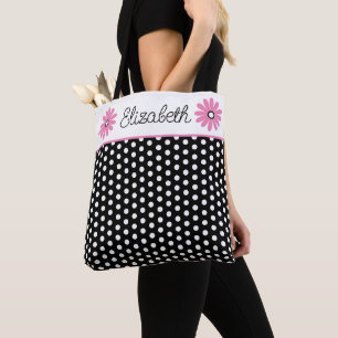 Pink and Black With White Polka Dots Personalised Tote Bag