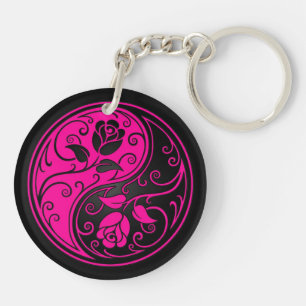 Pink and Black Yin Yang Roses Key Ring