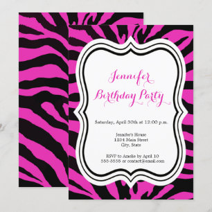 Pink and black zebra fashion girl happy birthday invitation