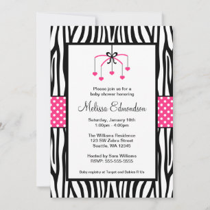 Pink and Black Zebra Heart Mobile Baby Shower Invitation