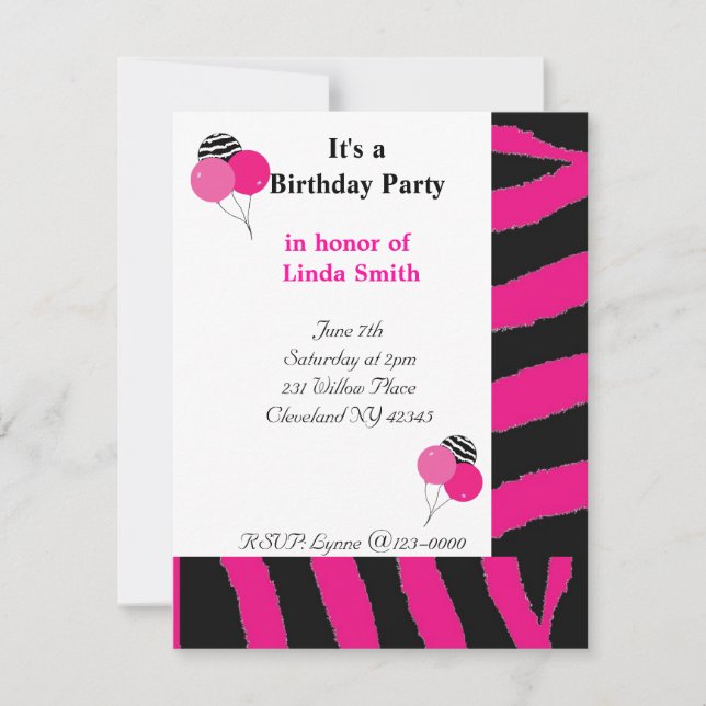 Pink and Black Zebra Pattern Birthday Invitation (Front)
