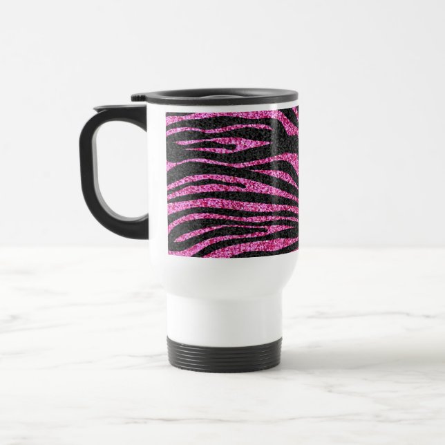 Pink and Black Zebra Print bling (faux glitter) Travel Mug (Left)