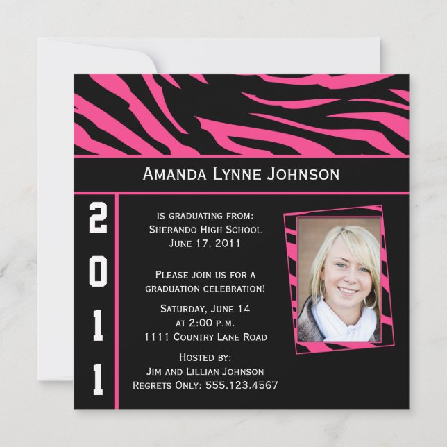 Pink and Black Zebra Print Graduation Invitation (Front)
