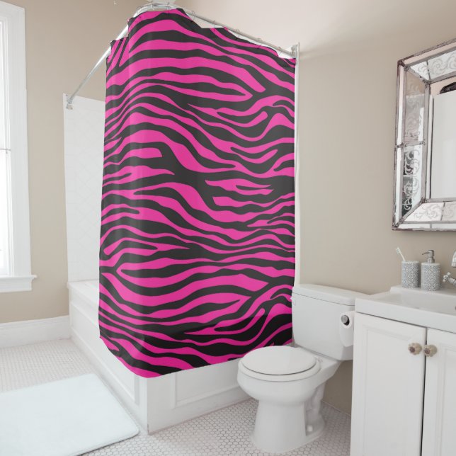 Pink and Black Zebra Print Shower Curtain (In Situ)