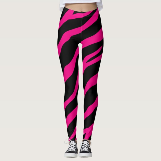 Pink and black zebra stripe wild animal print leggings (Front)