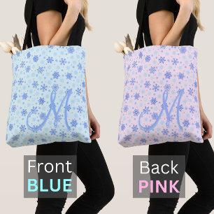 Pink and Blue 2 Sided Colors Snowflakes Monogram Tote Bag