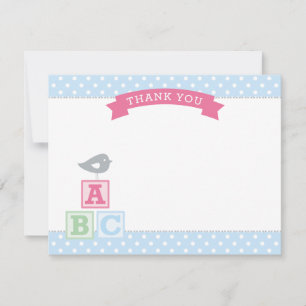 Pink and Blue ABC Blocks Bird Baby Girl Thank You Card