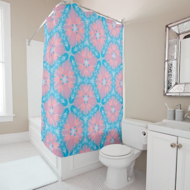 Pink and Blue Abstract Shower Curtain (In Situ)
