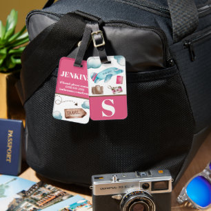 Pink and Blue Air Travel Themed Kid's Colour Block Luggage Tag