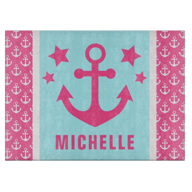 Pink and Blue Anchors Nautical Pattern Cutting Board (Front)