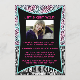 Pink and Blue Animal Print Sweet 16 Invitation