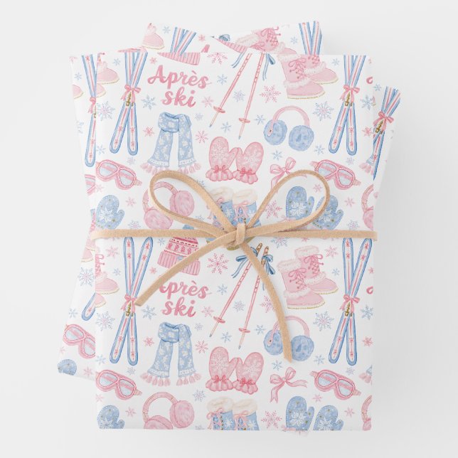 Pink and Blue Apres Ski Wrapping Paper Sheet (In situ)