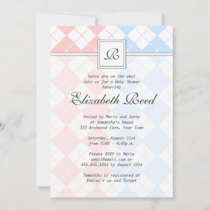 Pink and Blue Argyle Monogrammed Twins Baby Shower Invitation