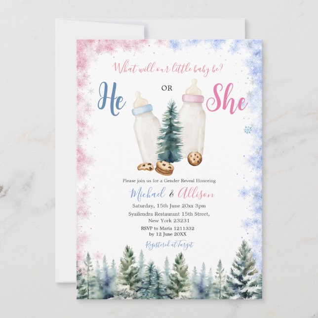 Pink And Blue Baby Bottle He Or She Gender Reveal Invitation (Front)