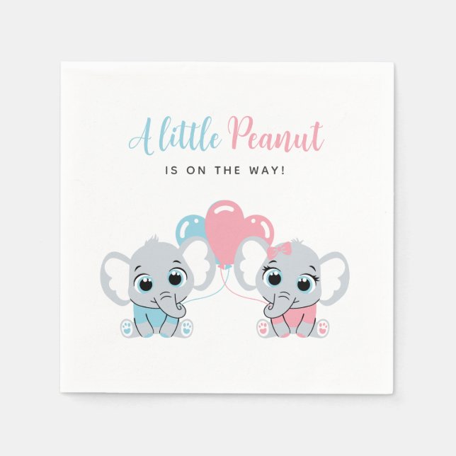 Pink and Blue Baby Elephant Balloon Gender Reveal Napkin (Front)