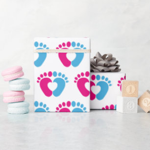Pink And Blue Baby Footprint Heart Wrapping Paper