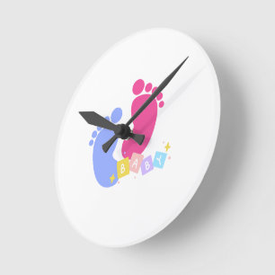 Pink and Blue Baby Footprints and Blocks Round Clock