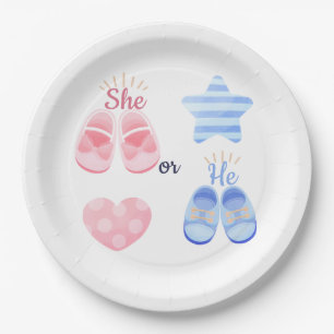 Pink and Blue Baby Shoes She or He? Gender Reveal Paper Plate