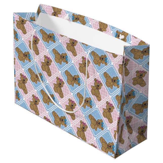 Pink and Blue Baby Teddy Bears Large Gift Bag (Back Angled)