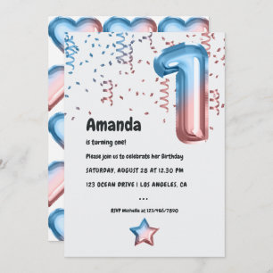Pink and Blue Balloon 1st Xmas Birthday Invitation