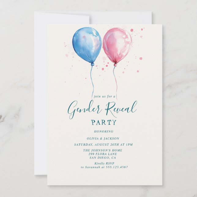 Pink and Blue Balloons Gender Reveal Party  Invitation (Front)
