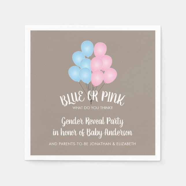 Pink and Blue Balloons Gender Reveal Party Napkin (Front)
