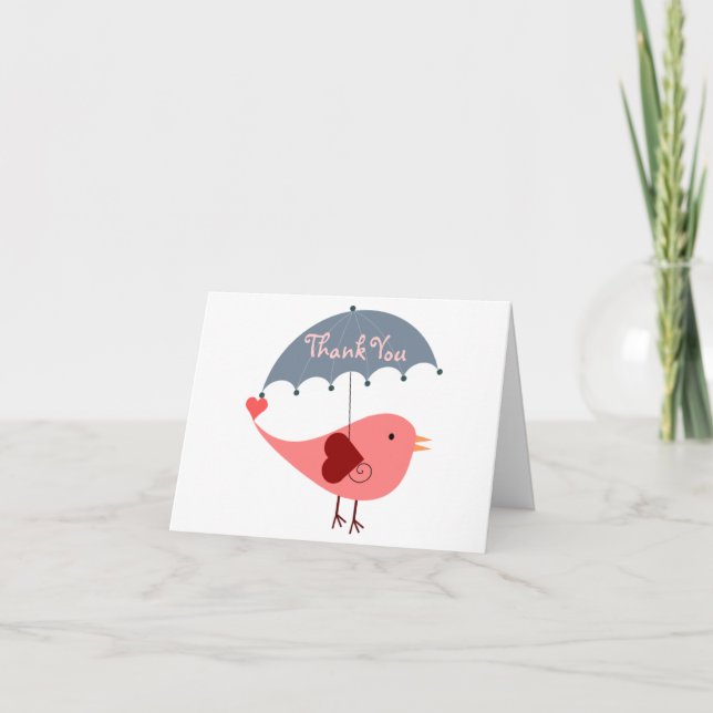 Pink and Blue Bird Umbrella Thank You Cards (Front)