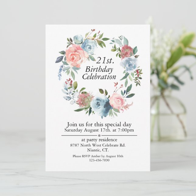 Pink and Blue Boho, Customisable 21st Birthday Invitation (Standing Front)