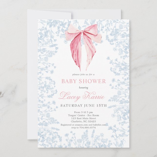 Pink and Blue bow Baby Shower invitation (Front)