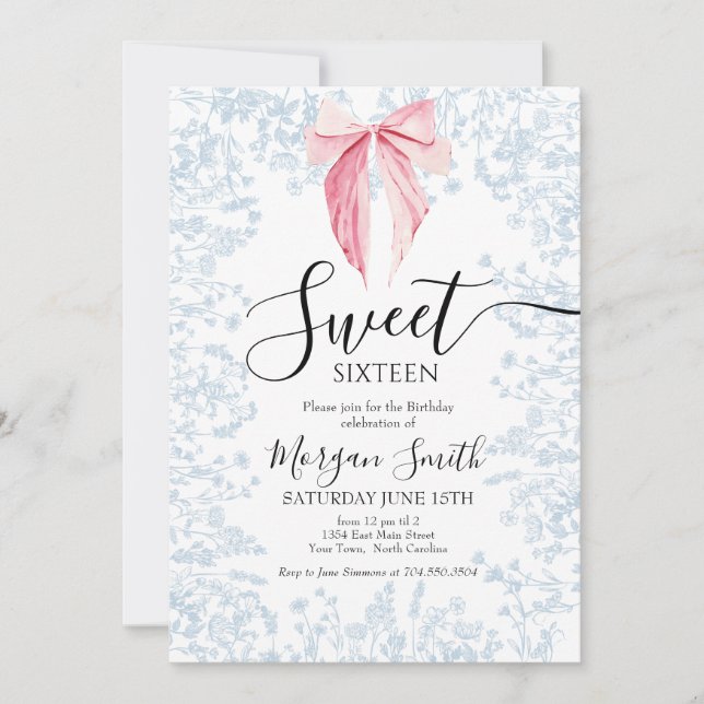 pink and blue bow Sweet Sixteen Birthday Invitation (Front)
